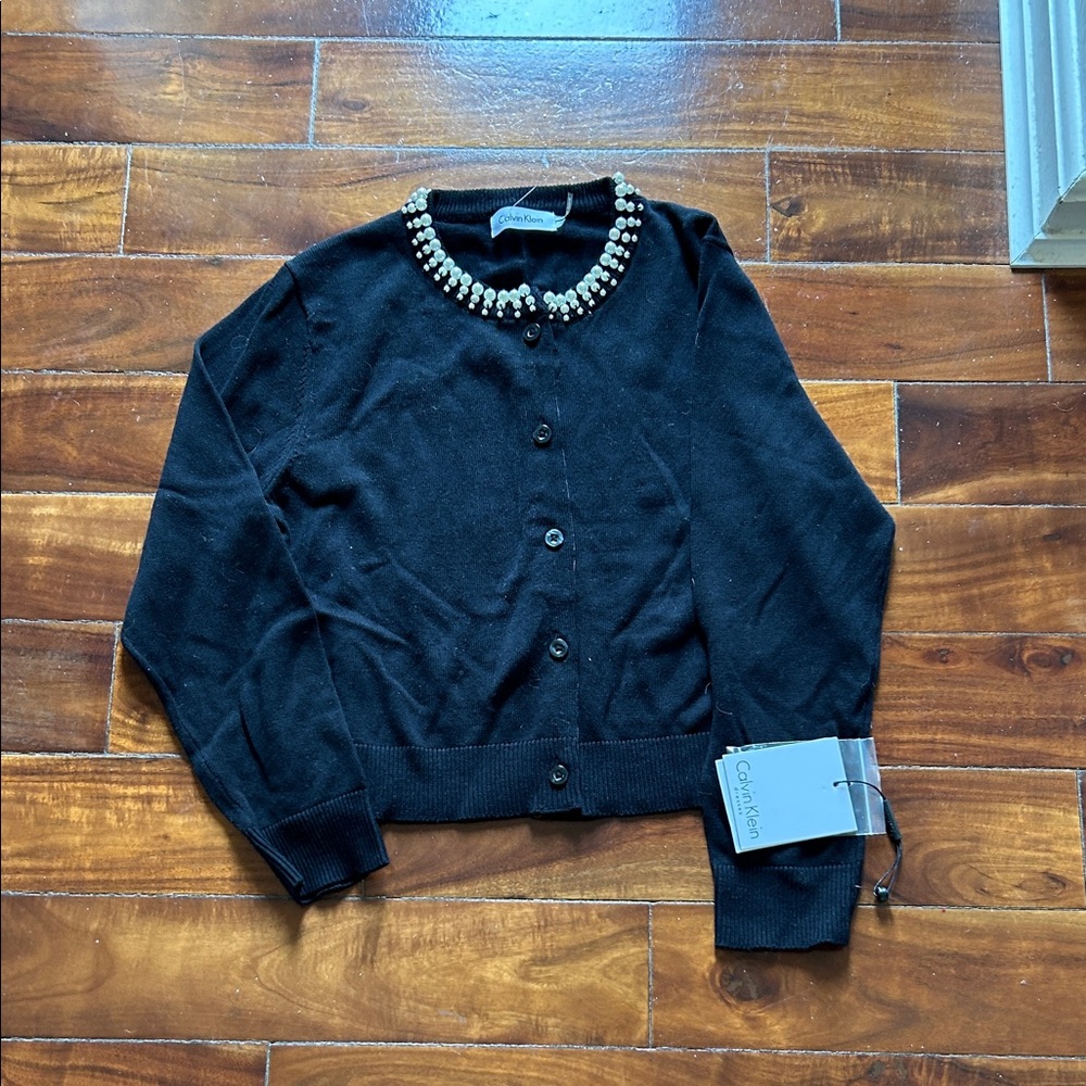 Calvin Klein Black Pearl-Embellished Button Cardigan